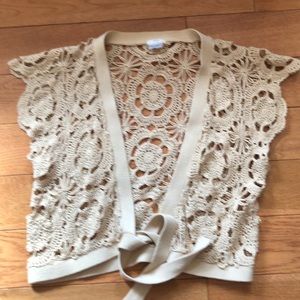 Pretty crocheted open sweater, tie at bottom